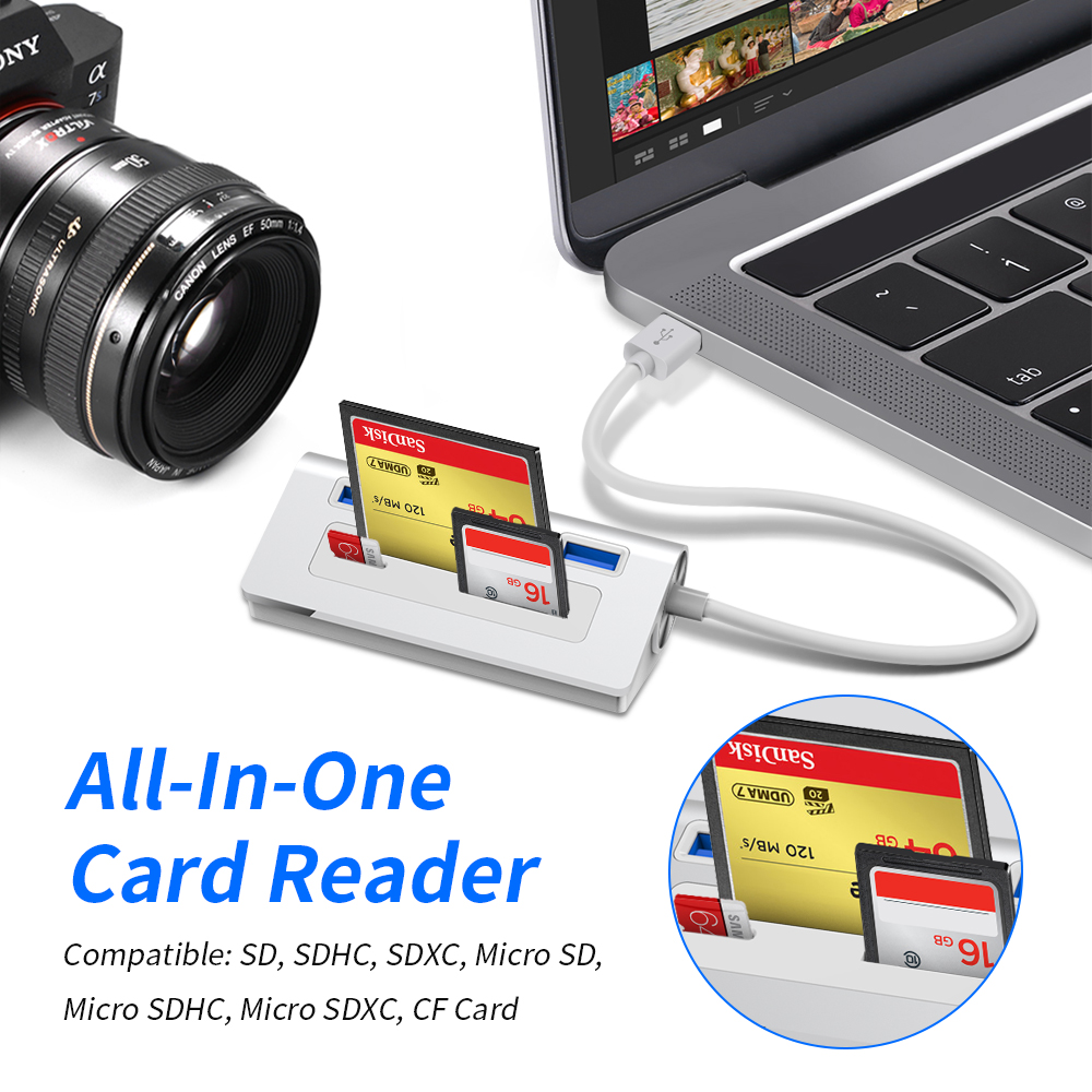 Customized Logo Aluminum Usb 3.0 Hub 3 Ports with CF/SD/TF Card Slot Portable Aluminium 6 in 1 Hub Docking Station Card Reader Writer