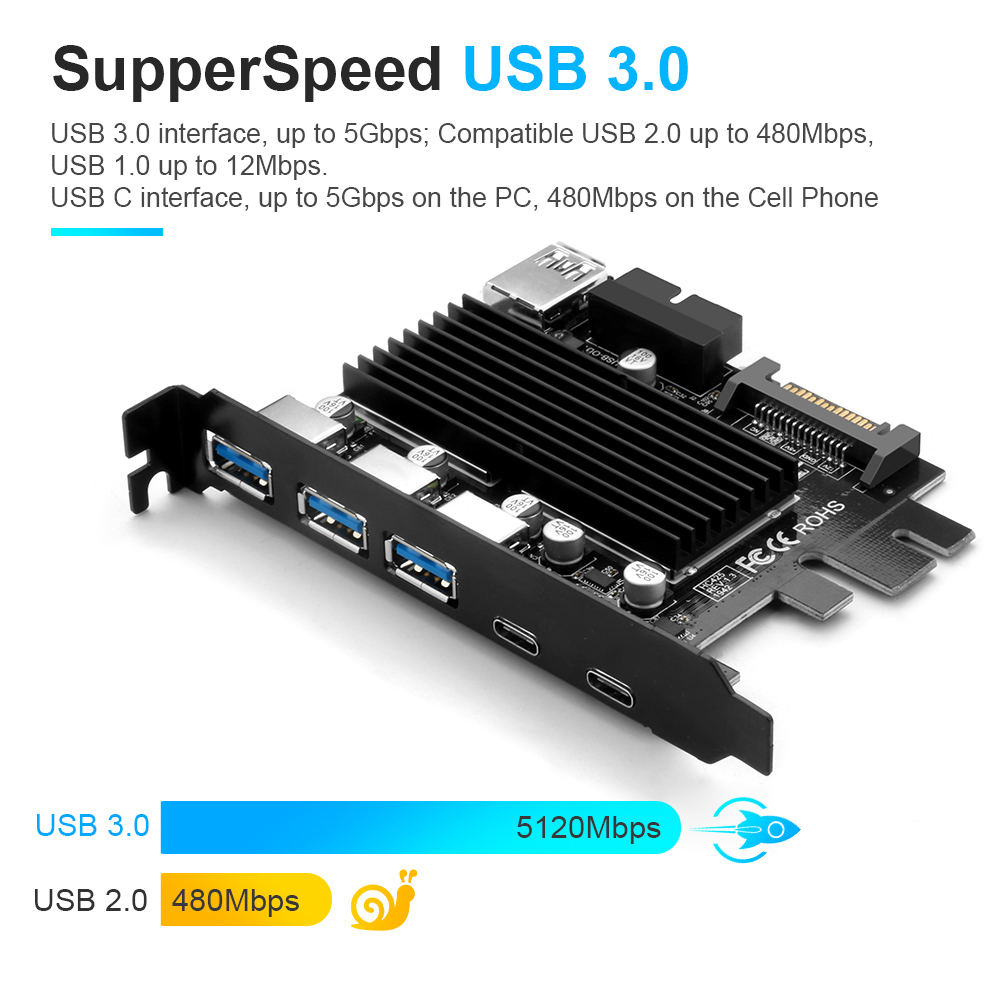 PCI Express X1 To 5 Ports USB3.0 Power Expansion USB 5-Port PCIE Computer Card 
