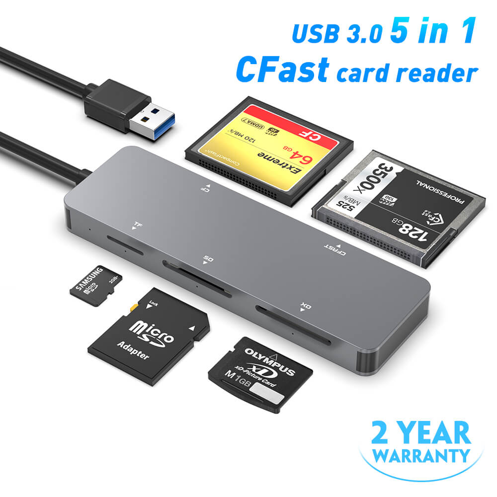 USB 3.0 Card Reader Adapter CFast Card Reader USB A CF+CFast+SD+Micro SD+ XD Reader for 5 Cards Simultaneously Read And Write