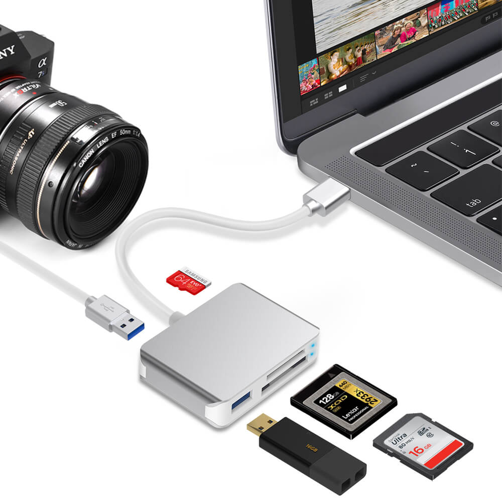 Multifunction Memory USB 3.0 XQD Card Reader for Camera Laptop PC 5 in 1 Aluminum Card Reader & Hub Combo 2 Port USB 3.0 XQD SD TF Memory Card Slot Combo Card Reader 