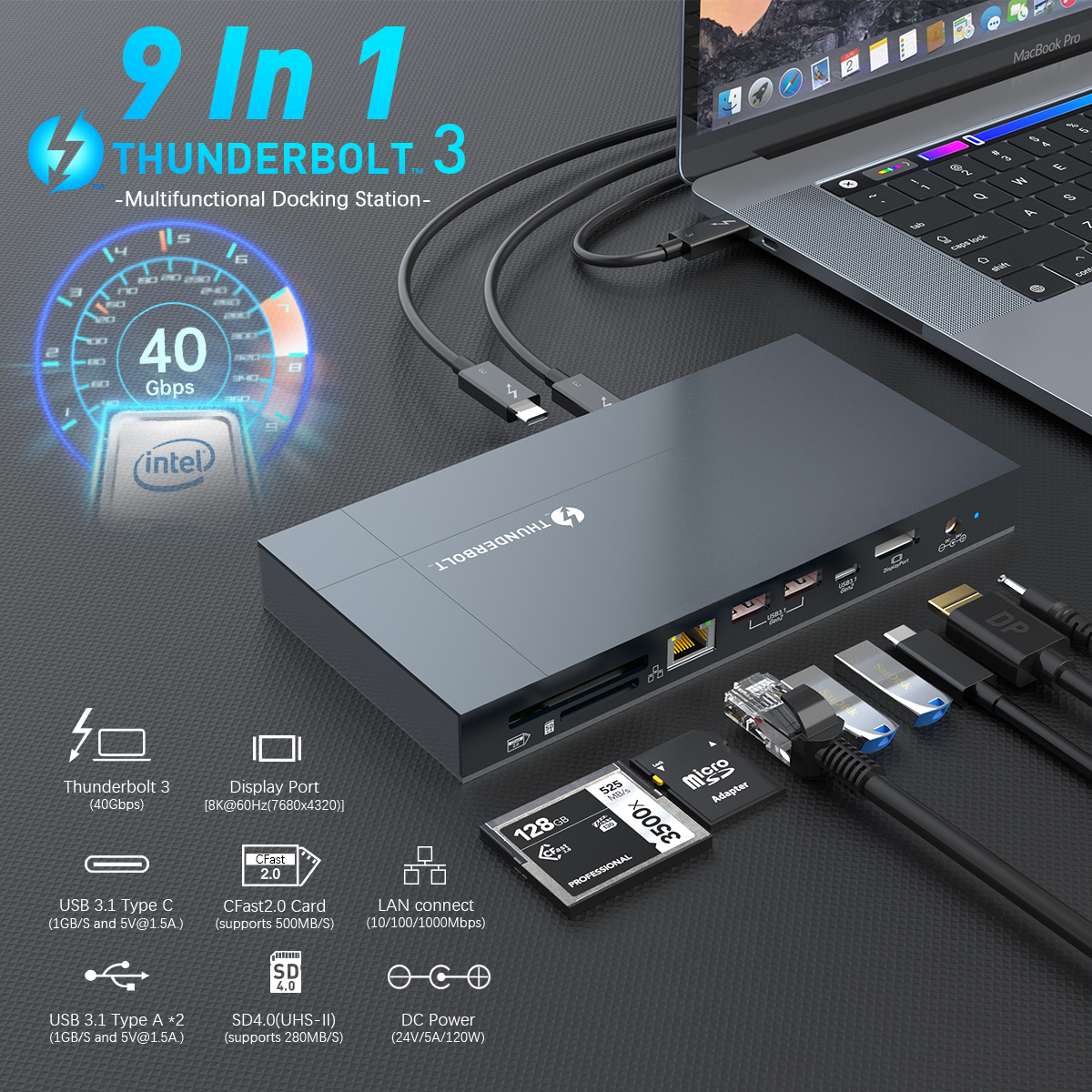 ALLKEI 9 in 1 SD4.0 CFast 2.0 Card Reader USB C Hub 8K DisplayPort 40Gbps Thunderbolt 3 Type C Docking Station