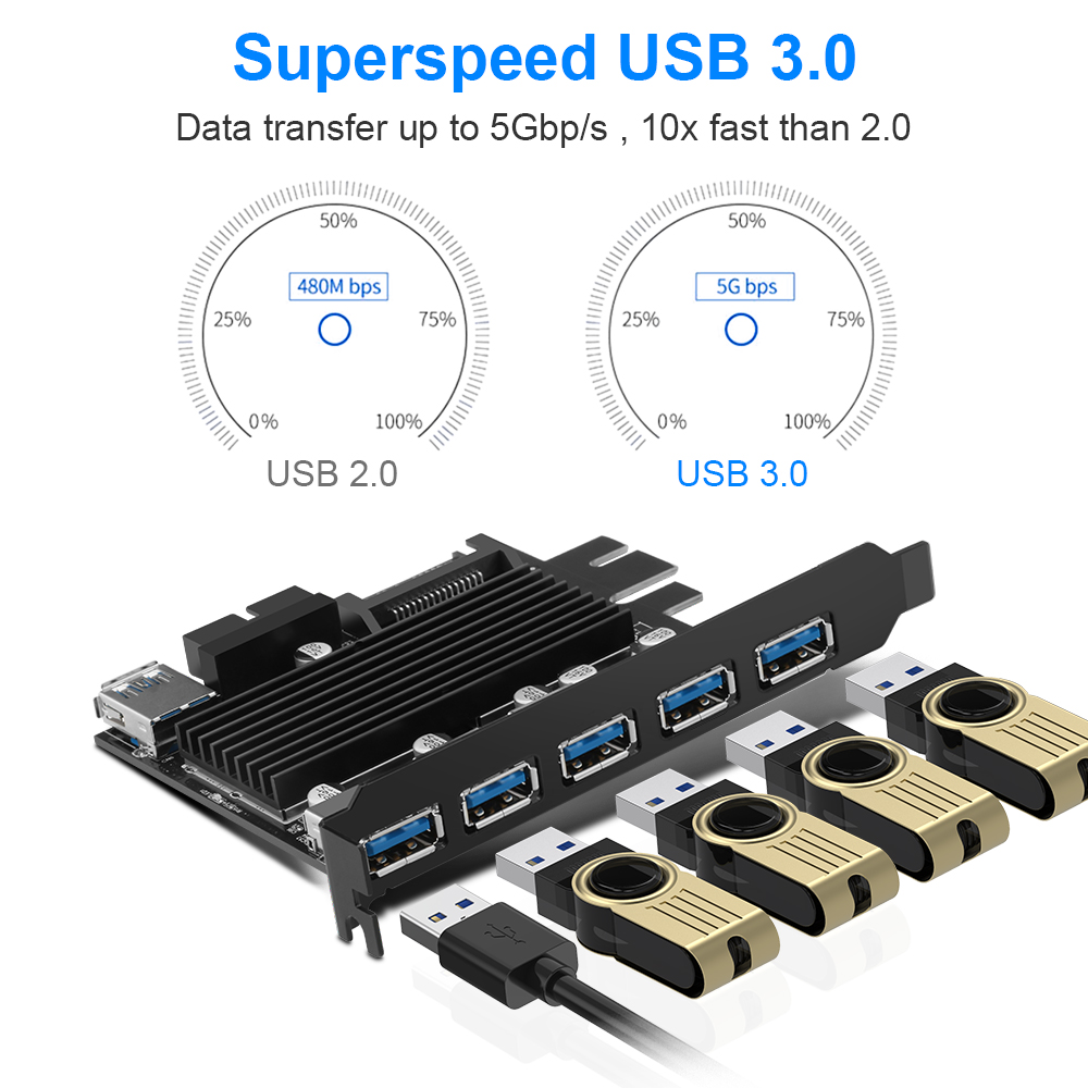 PCI Express X1 To 5 Ports USB3.0 Power Expansion USB 5-Port PCIE Computer Card 