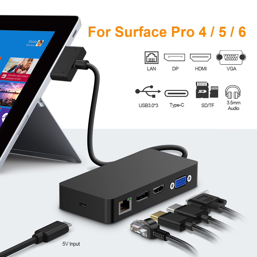 Hot Selling 2020 Docking Station USB 3.0 Type C Hub To HDMI DP VGA RJ45 Ethernet SD/TF Card Slot 3.5mm Audio Port for Surface Pro 4/5/6