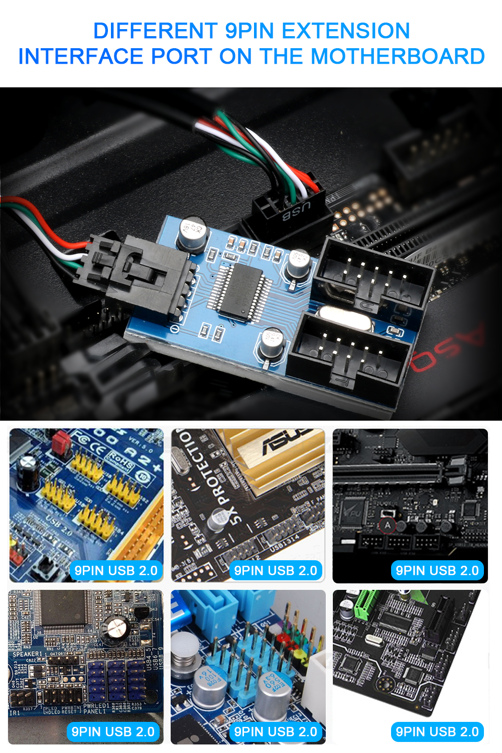 Allkei HC427 Computer Motherboard USB 9-Pin Extension One-To-Two Circuit Board 9pin USB2.0 Hub